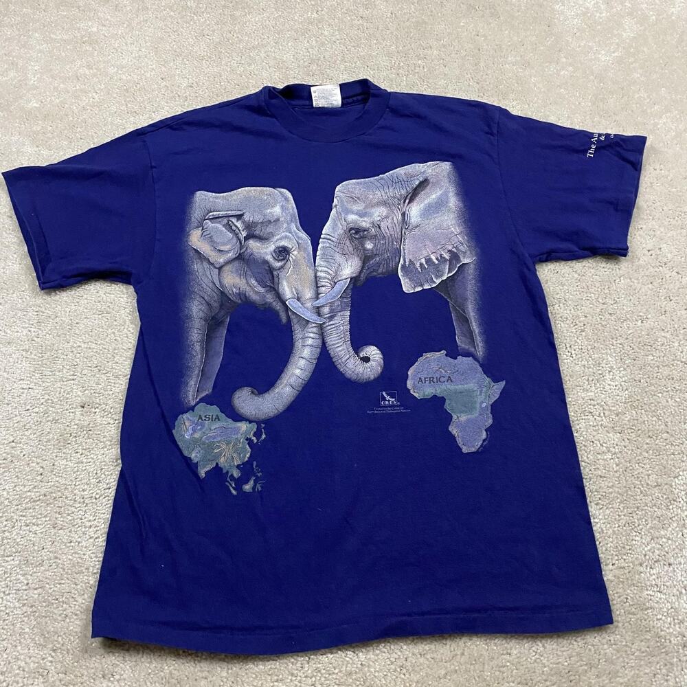 VTG Elephants‎ Shirt Mens L Blue Hanes Beefy-T CRES Wildlife 1992 Nature Tee 90s